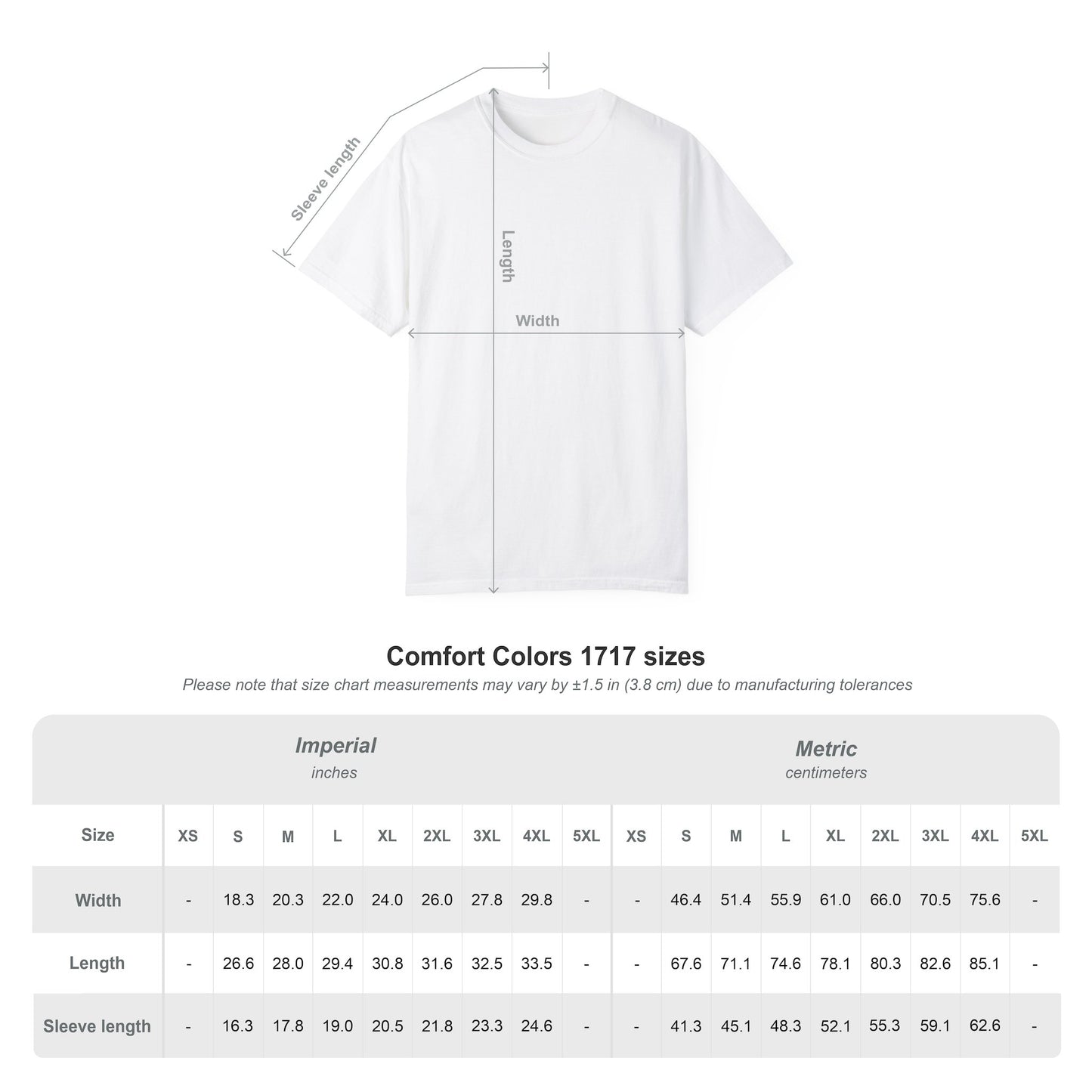 Comfort Colors 1717 unisex T-shirt size chart showing width, length and sleeve measurements in inches and centimetres for sizes S to 4XL.