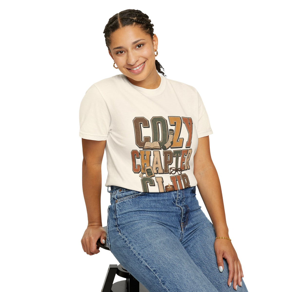 T-shirt with the Cozy Chapter Club design in a lifestyle presentation.