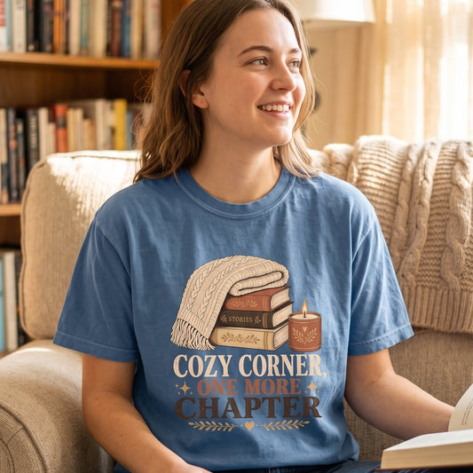 Cozy Corner, One More Chapter reading T-shirt featuring stacked books beneath a cable-knit blanket beside a glowing candle.