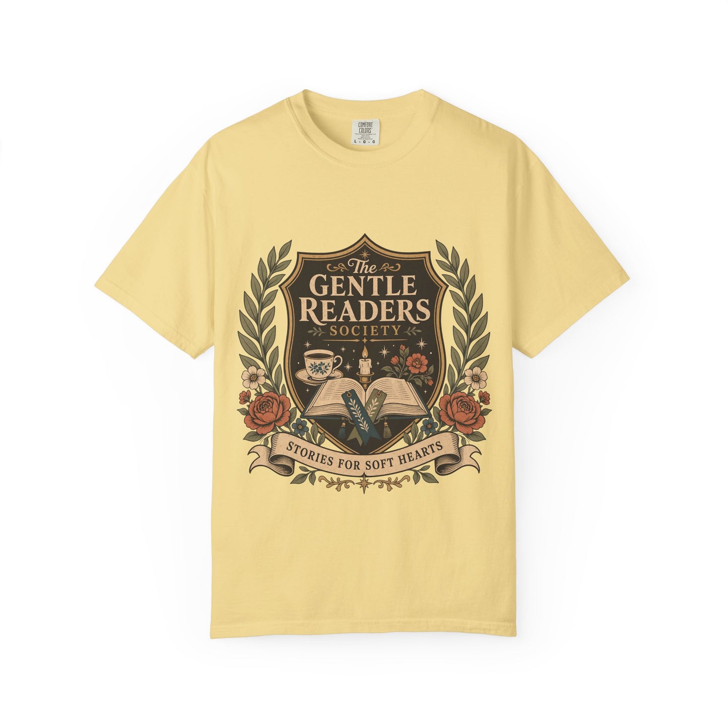 The Gentle Readers Society book club T-shirt with open book, tea and floral crest on Butter.