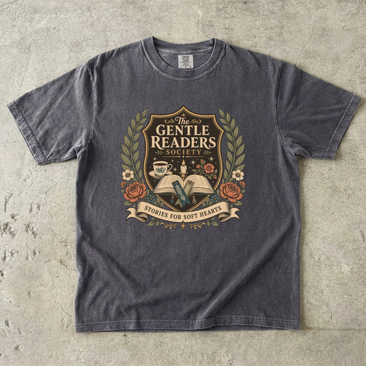 The Gentle Readers Society book club T-shirt with open book, tea and floral crest on Pepper.