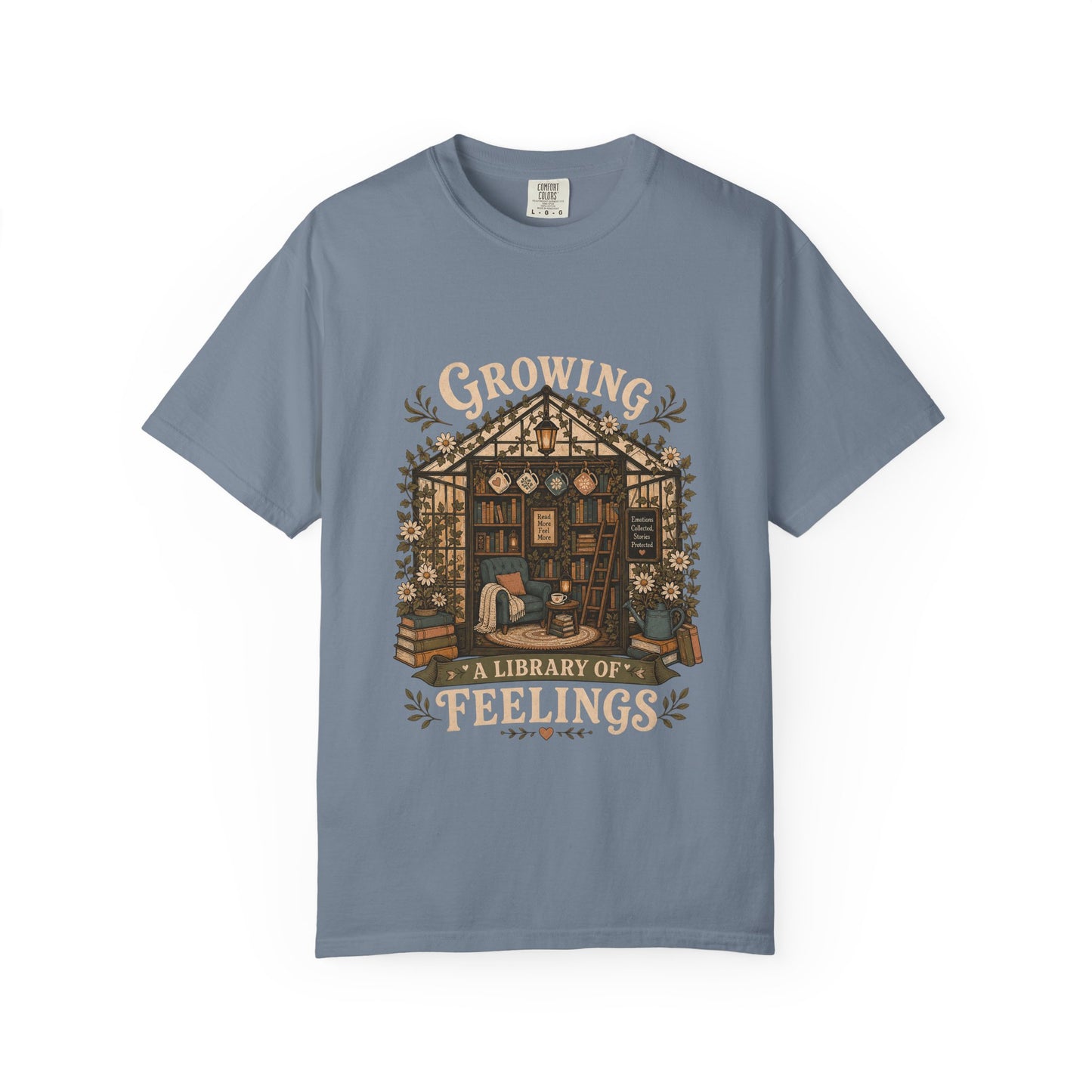 Growing a Library of Feelings Book Lover Shirt on a Blue Jean Comfort Colors T-shirt.