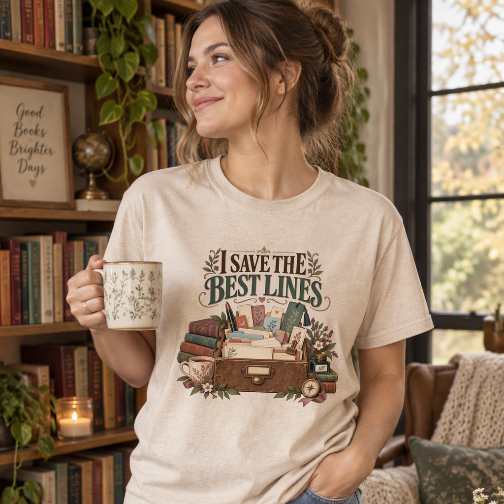 Bookish T-shirt featuring “I Save the Best Lines” above a box of reading notes and bookmarks