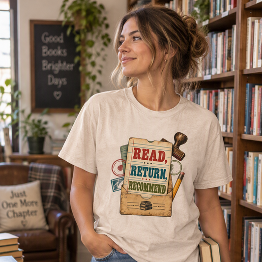 Library lover T-shirt featuring “Read, Return, Recommend” on a vintage library-style card