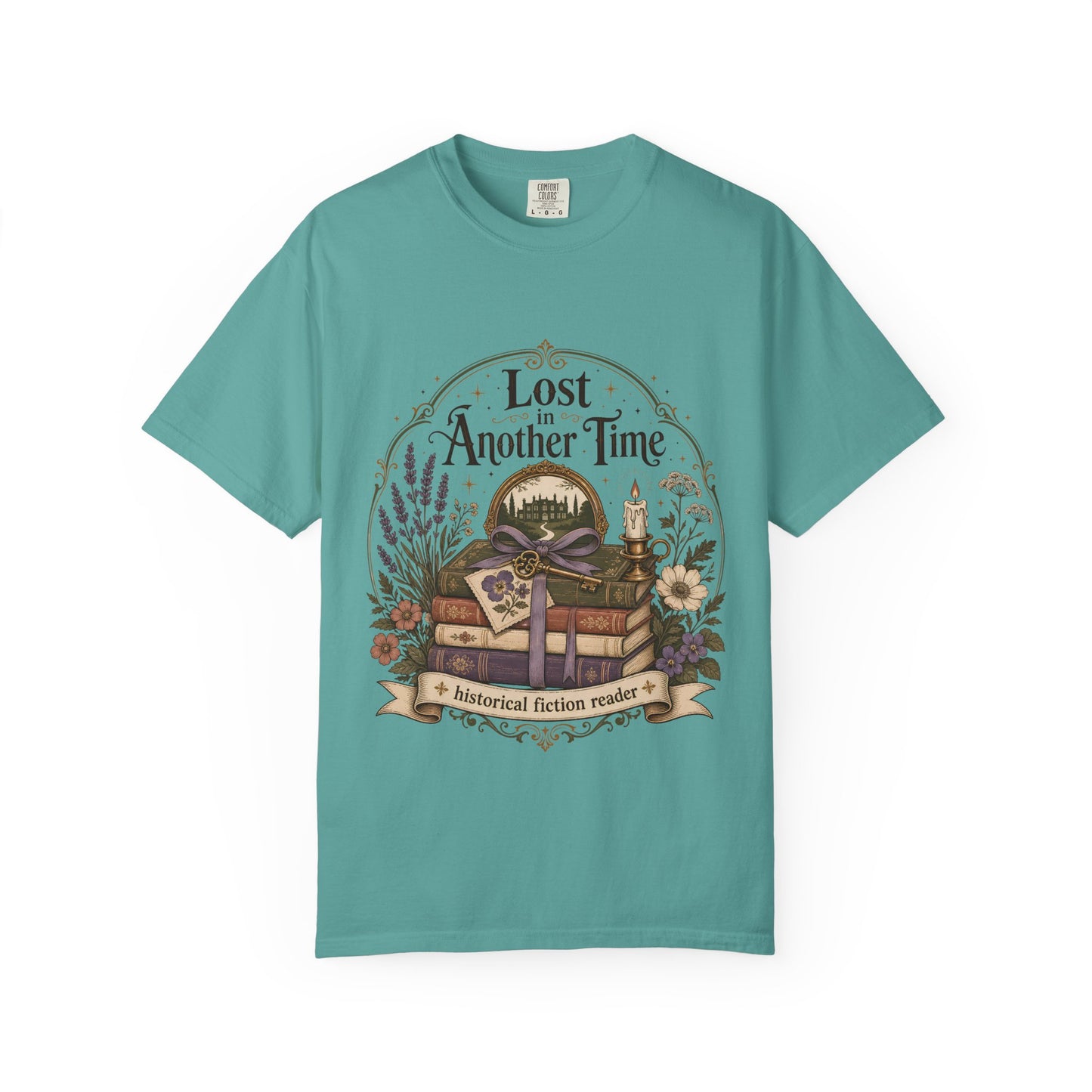 Seafoam Comfort Colors graphic tee with a nostalgic bookshop illustration for readers and book lovers.