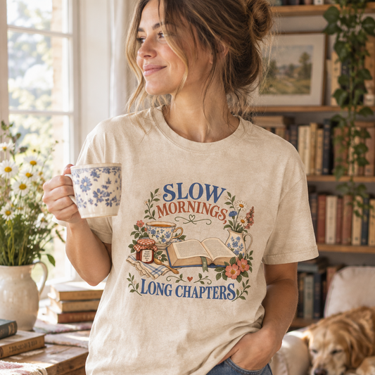 T-shirt featuring “Slow Mornings, Long Chapters” in a lifestyle presentation.