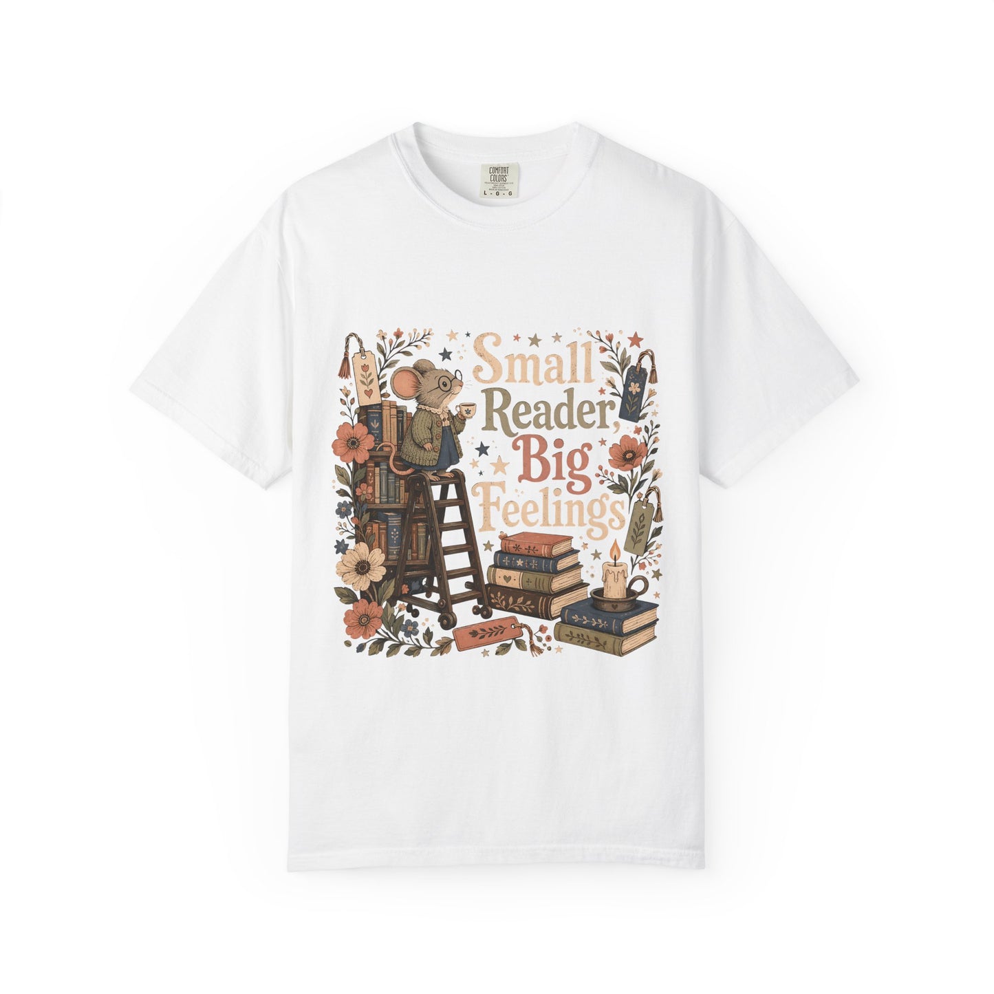 Front view of the Comfort Colors 1717 T-shirt in white featuring the "Treasures Are Tucked in Pages" vintage illustration with an open treasure chest, stacked books, flowers and a teacup.