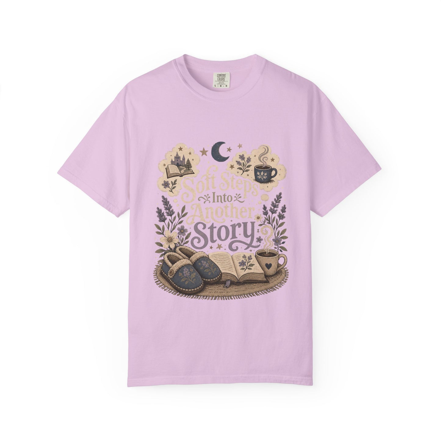 Soft Steps Into Another Story book lover shirt on a Comfort Colors orchid T-shirt featuring vintage-inspired artwork with books, cosy slippers, flowers and coffee mugs.