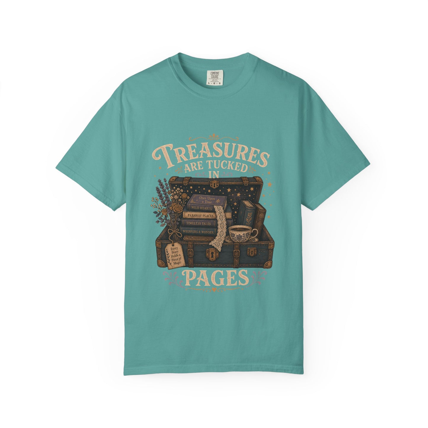 Front view of the Comfort Colors 1717 T-shirt in Seafoam featuring the "Treasures Are Tucked in Pages" vintage illustration with an open treasure chest filled with books