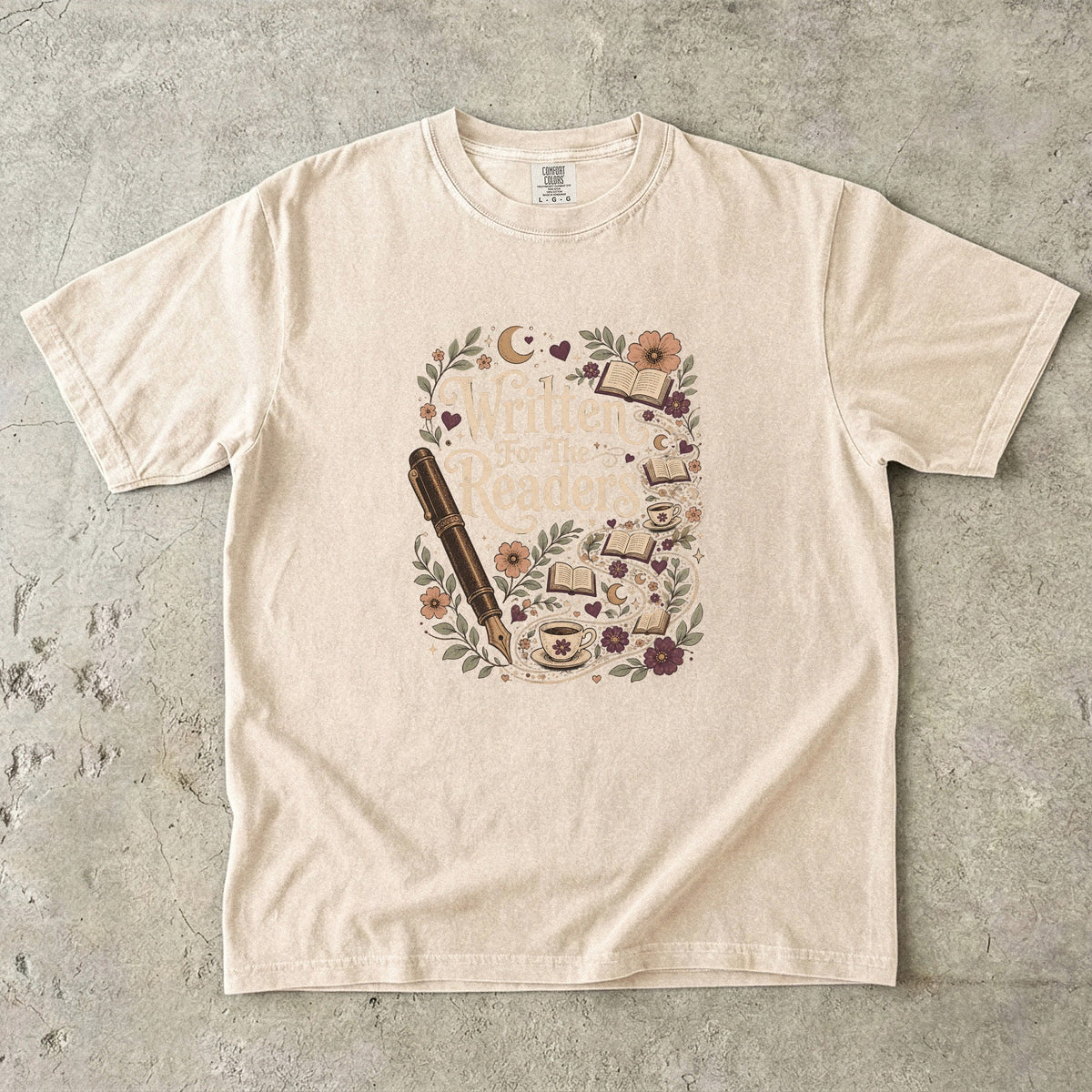 Written for the Readers literary T-shirt in Ivory featuring a vintage fountain pen, open books, flowers, moons and teacups