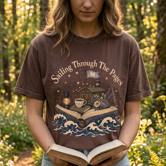 Woman wearing the Sailing Through the Pages Comfort Colors® Book Lover T-shirt while reading outdoors, featuring a vintage illustration of an open book sailing through ocean waves with a cozy cottage and lantern.