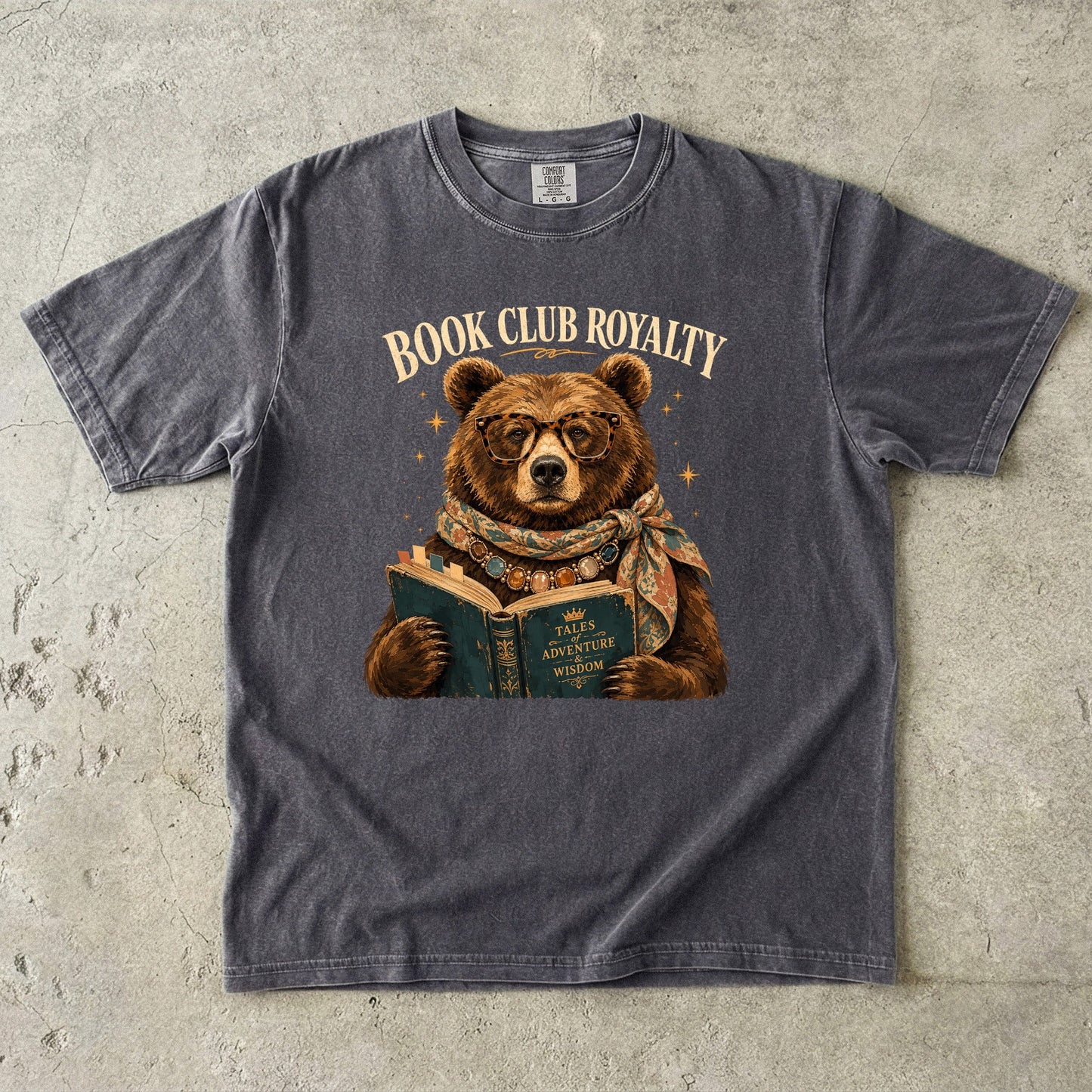 Pepper Comfort Colors book lover T-shirt featuring the Book Club Royalty reading bear illustration.