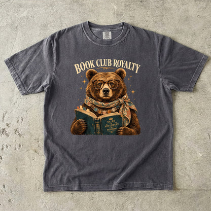 Pepper Comfort Colors book lover T-shirt featuring the Book Club Royalty reading bear illustration.
