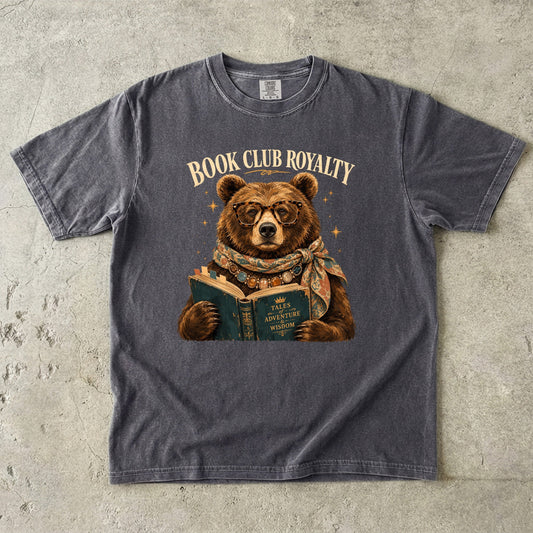 Pepper Comfort Colors book lover T-shirt featuring the Book Club Royalty reading bear illustration.
