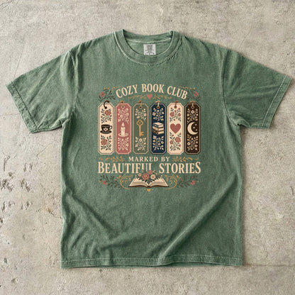 Marked by Beautiful Stories book club T-shirt in Moss featuring floral bookmarks, books and vintage reading motifs