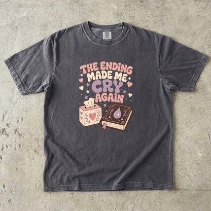 Alt Text: The Ending Made Me Cry Again funny reading shirt in Pepper with retro book, tissue box, hearts and teardrop design.