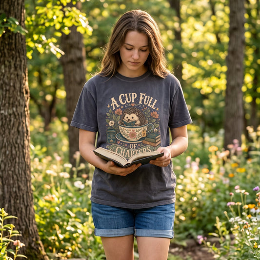 Woman wearing the A Cup Full of Chapters Book Lover Shirt while reading outdoors, featuring a cosy hedgehog reading in a vintage teacup.