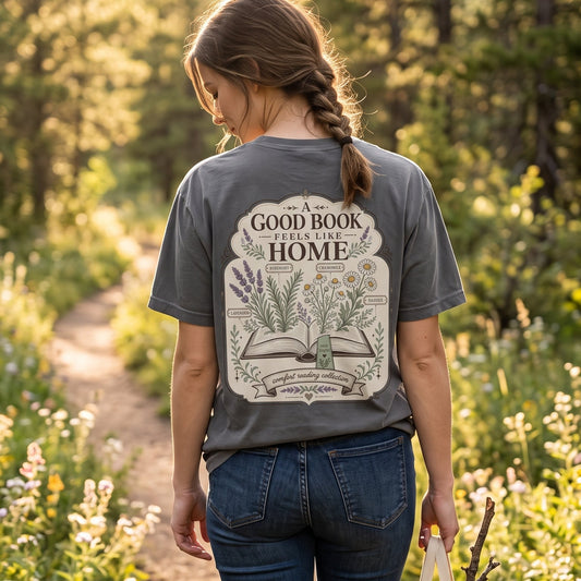 Woman wearing A Good Book Feels Like Home book lover T-shirt outdoors, featuring an open book with lavender, rosemary, chamomile and daisies.