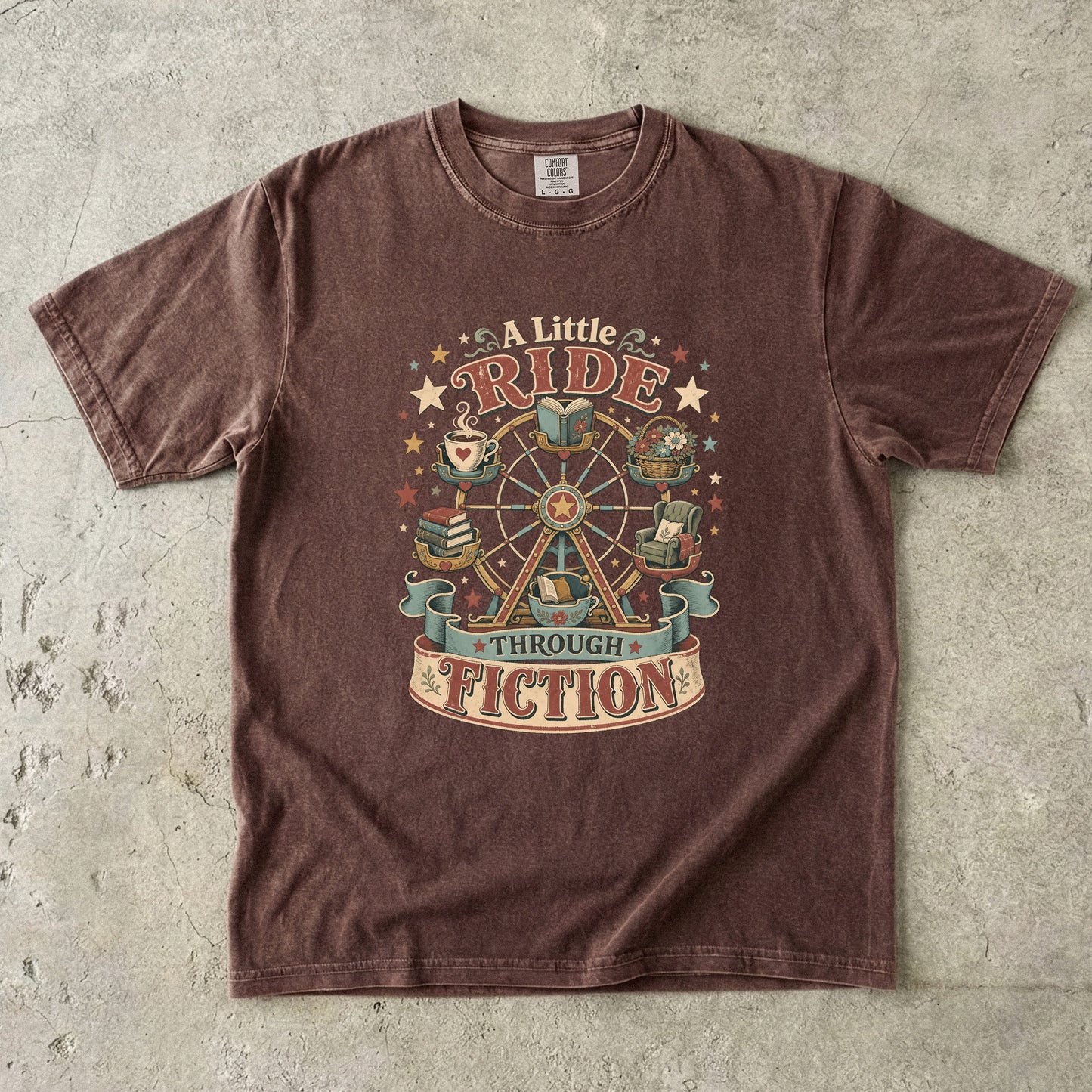 Front view of an Espresso Comfort Colors reading shirt featuring the whimsical "A Little Ride Through Fiction" book lover design inspired by cozy reading adventures.