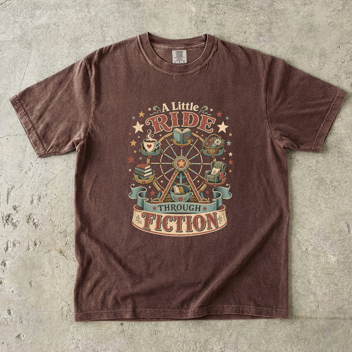 A Little Ride Through Fiction book lover T-shirt in Espresso featuring a vintage Ferris wheel with books, tea, flowers and reading chair