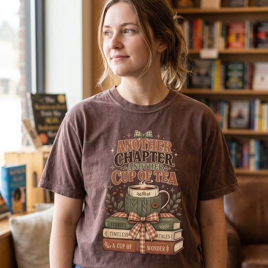 Another Chapter Another Cup of Tea reading shirt in Moss styled in a cozy books and tea lifestyle setting.
