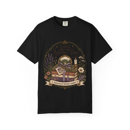 Black Comfort Colors T-shirt featuring a nostalgic bookshop illustration with antique books and floral details.