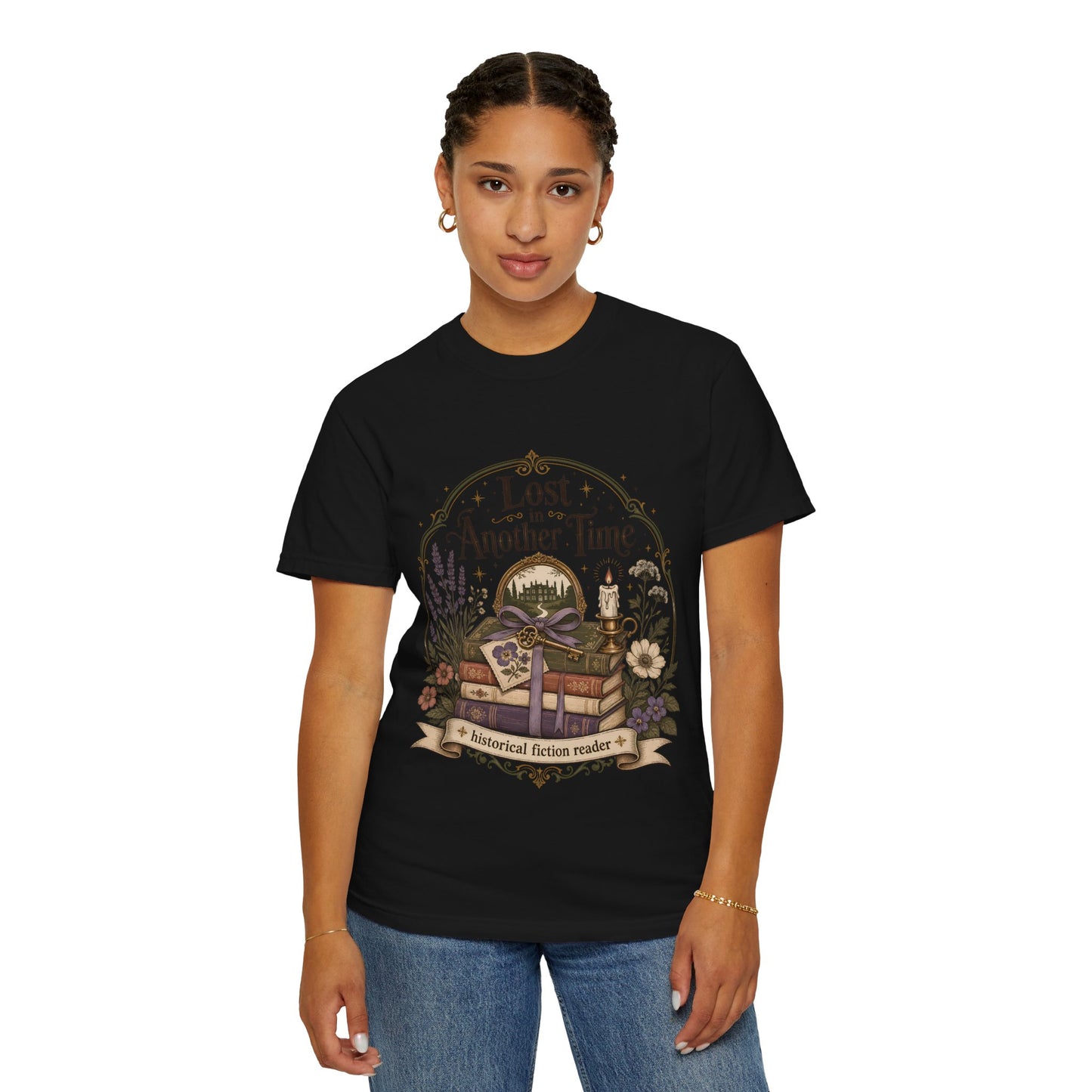 Model wearing a black Comfort Colors graphic tee featuring vintage bookshop artwork inspired by getting lost in stories.