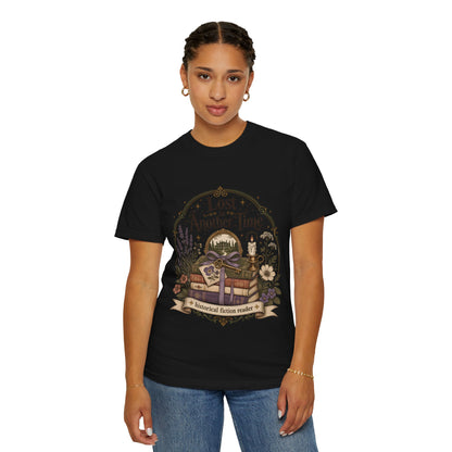 Model wearing a black Comfort Colors graphic tee featuring vintage bookshop artwork inspired by getting lost in stories.