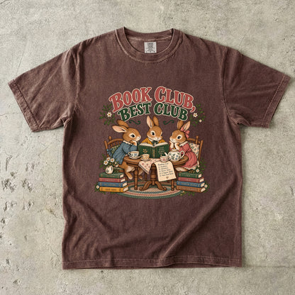 Espresso T-shirt featuring “Book Club, Best Club” with three rabbits reading together at a tea table, floral china, books and daisies.