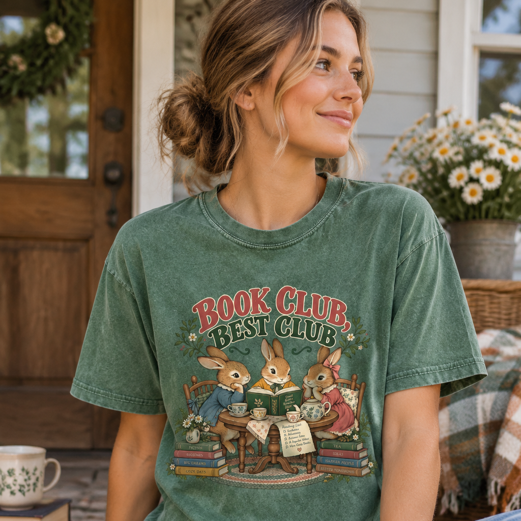 A woman sitting on a porch wearing a faded moss graphic t-shirt that reads 'BOOK CLUB BEST CLUB' with cartoon rabbits reading, paired with blue jeans.