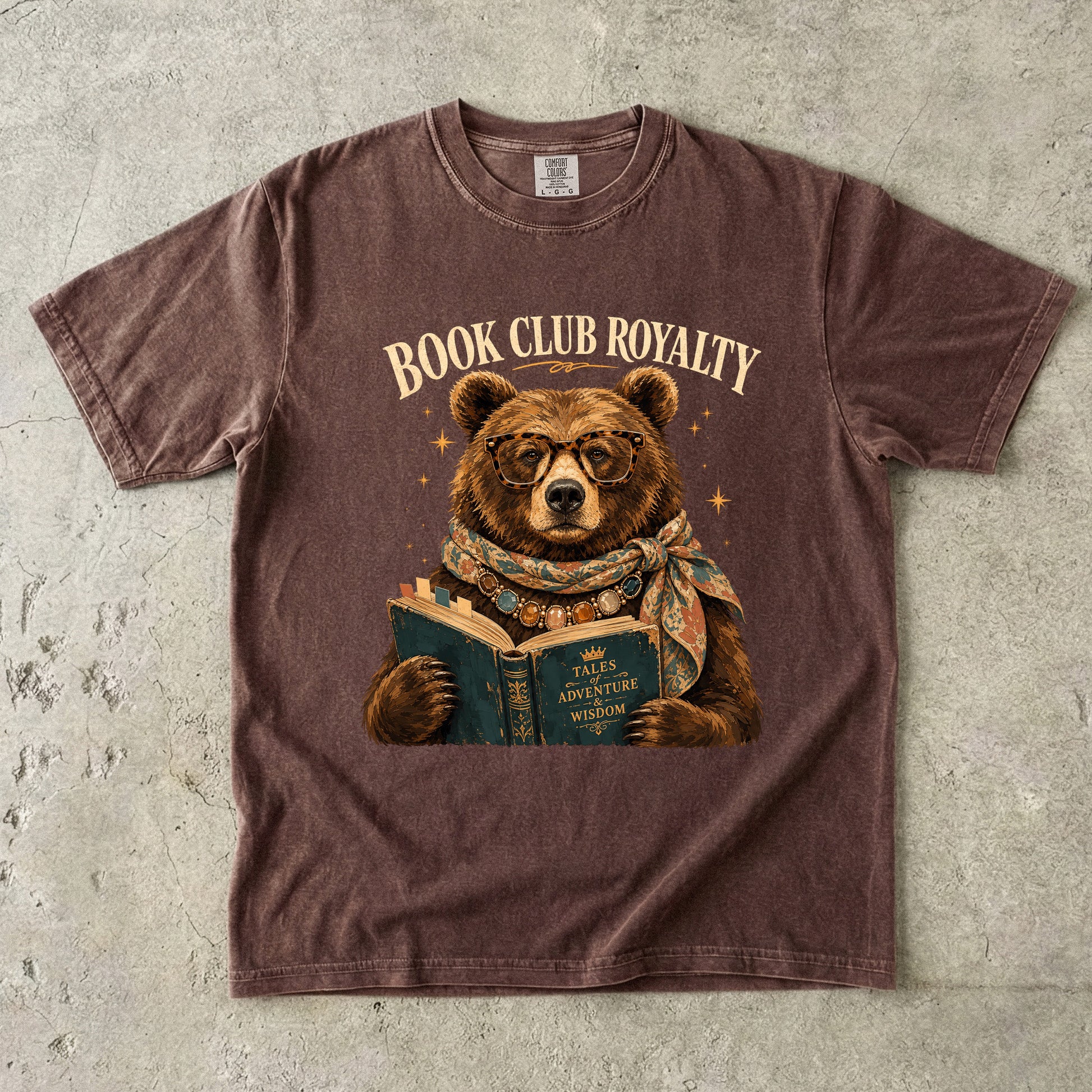 Book Club Royalty book lover Comfort Colors T-shirt in Espresso featuring a vintage bear reading a book.