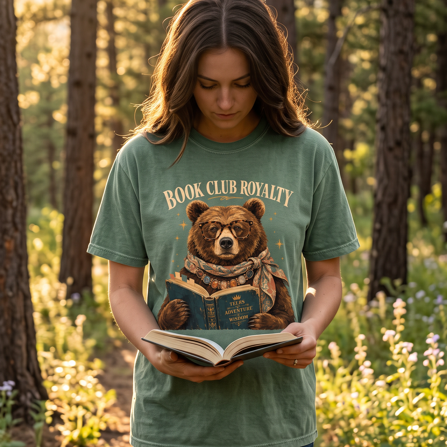 Reader wearing a Moss Book Club Royalty T-shirt while reading outdoors in a woodland setting.