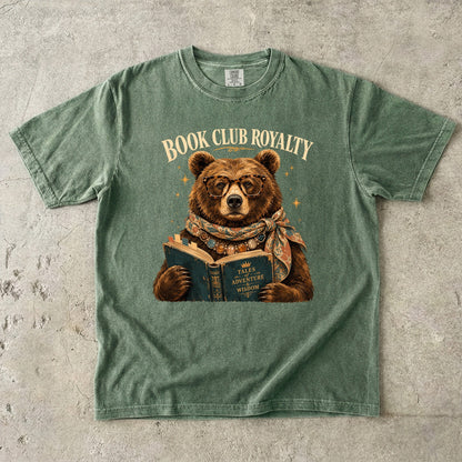 Moss Comfort Colors book club T-shirt featuring a bespectacled bear reading a vintage book.