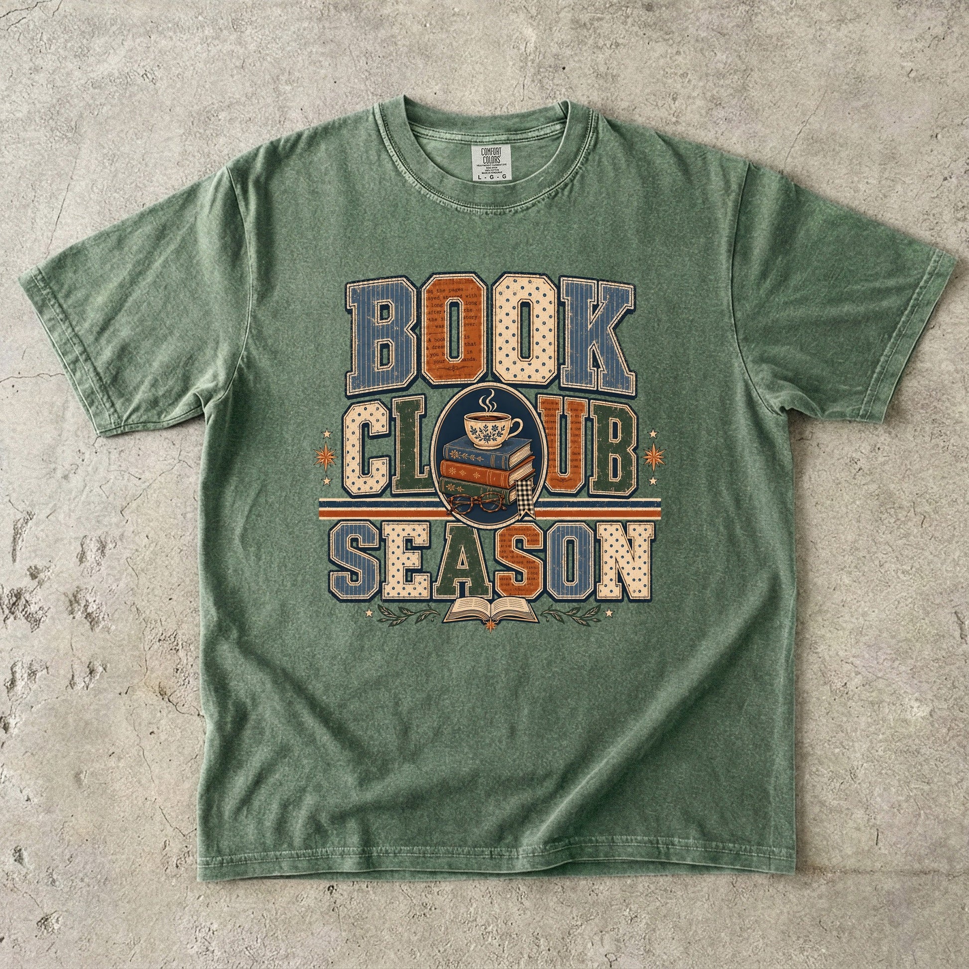 Moss Comfort Colors book club T-shirt featuring the vintage collegiate Book Club Season design with books and tea.