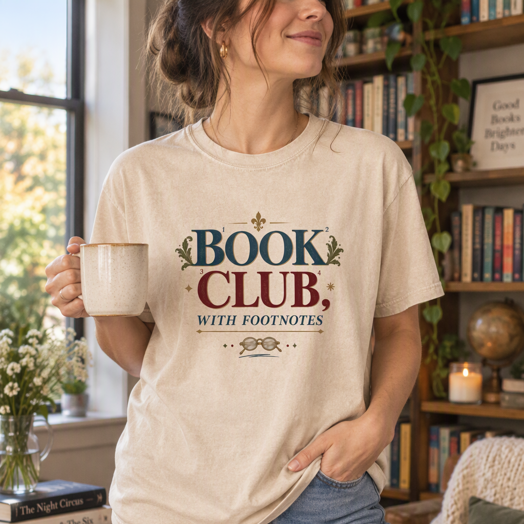 Book club T-shirt featuring “Book Club, With Footnotes” with numbered markers and reading glasses