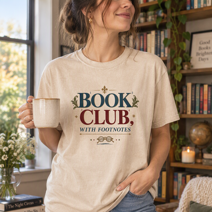 Book club T-shirt featuring “Book Club, With Footnotes” with numbered markers and reading glasses