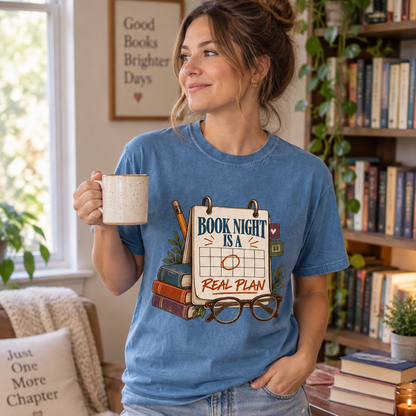 Reading T-shirt featuring “Book Night Is a Real Plan” on a marked calendar beside books and glasses