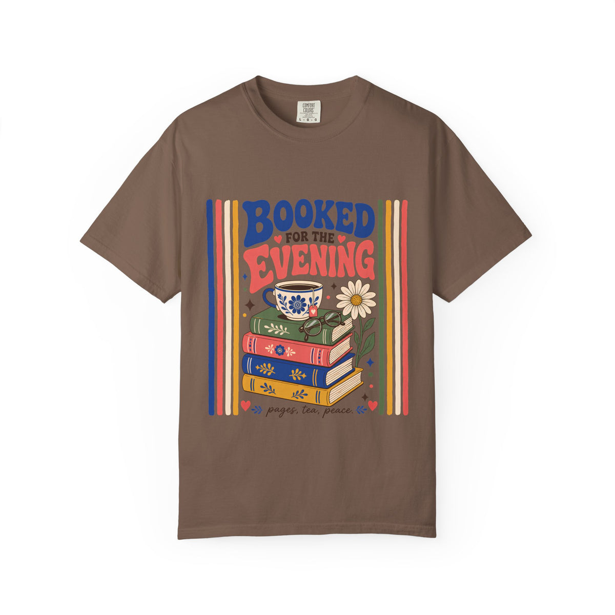 Booked for the Evening book lover T-shirt featuring stacked books, a cup of tea, reading glasses and a daisy on Espresso.