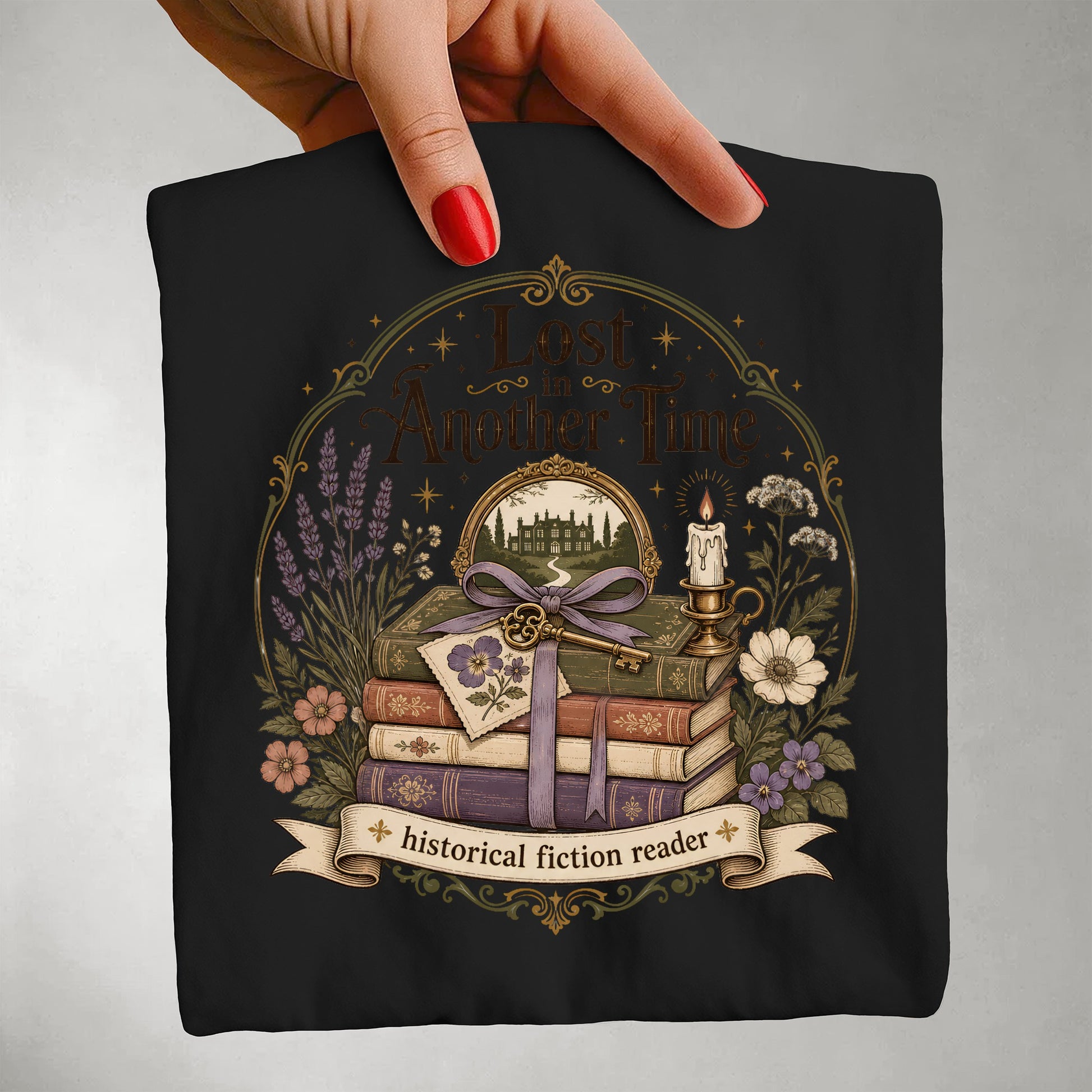 Detailed close-up of the printed vintage bookshop illustration highlighting the artwork and print quality.
