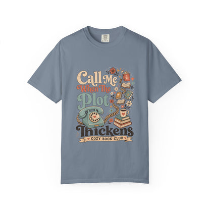 Call Me When the Plot Thickens book club T-shirt in Blue Jean featuring a vintage rotary phone, books and flowers