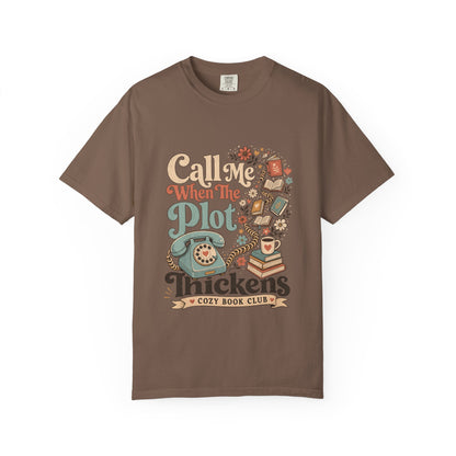 Call Me When the Plot Thickens book club T-shirt in Espresso featuring a vintage rotary phone, books and flowers