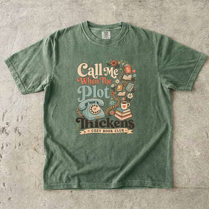 Call Me When the Plot Thickens book club T-shirt in Moss featuring a vintage rotary phone, books and flowers