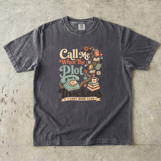 Call Me When the Plot Thickens book club T-shirt in Pepper featuring a vintage rotary phone, books and flowers