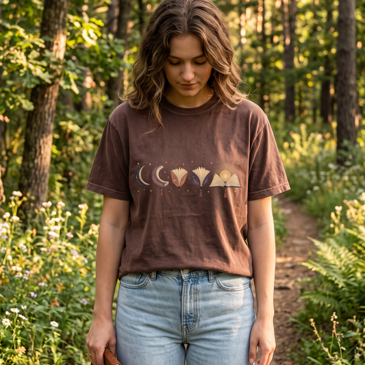 A woman standing on a forest path wearing a brown graphic t-shirt with a moon and mountain design, paired with light blue jeans.