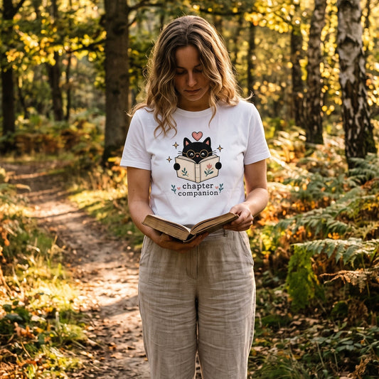 Chapter Companion cat reading shirt featuring a black cat with glasses reading a floral book.