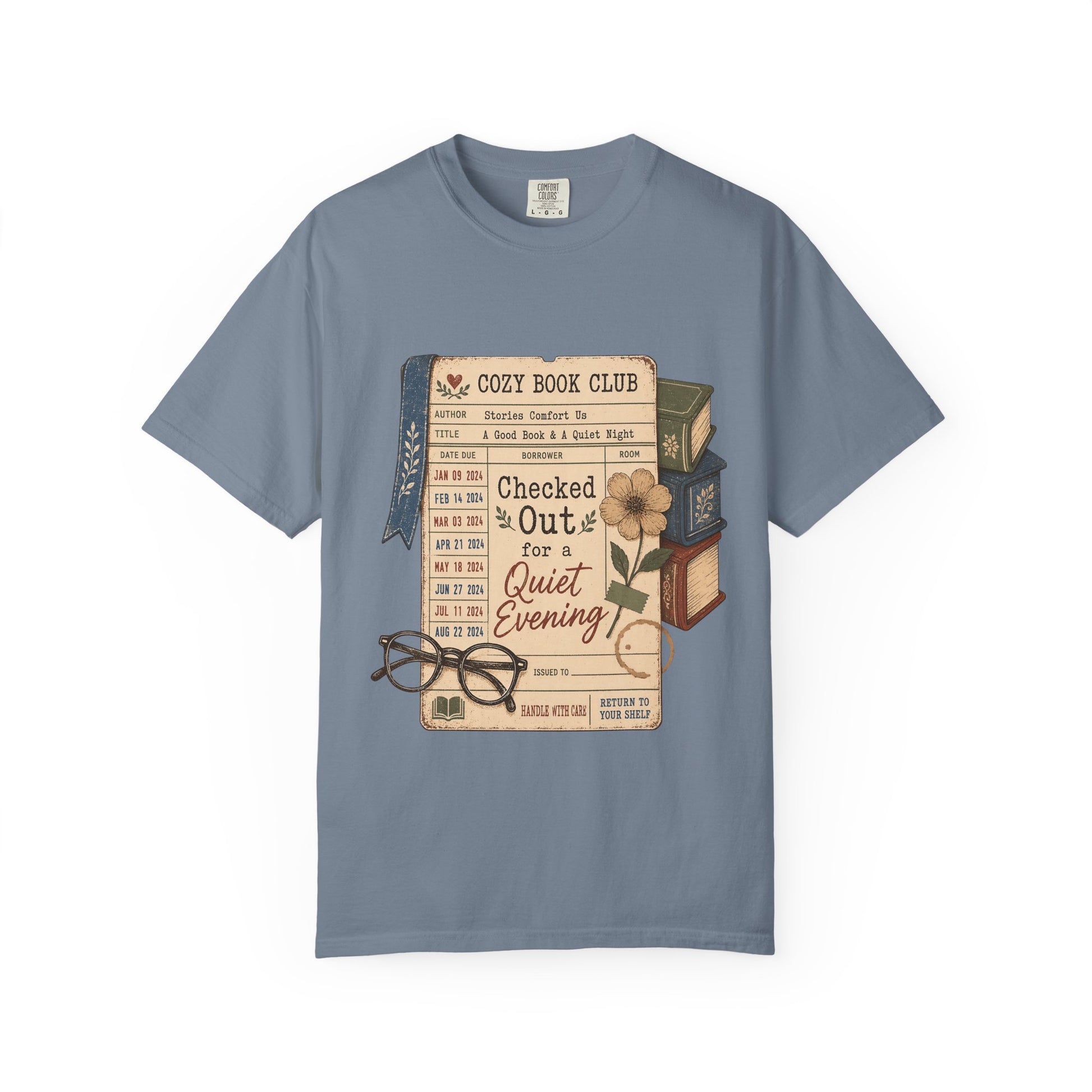 Checked Out for a Quiet Evening reading T-shirt with vintage library card, books and glasses on Blue Jean.