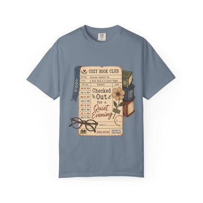 Checked Out for a Quiet Evening reading T-shirt with vintage library card, books and glasses on Blue Jean.