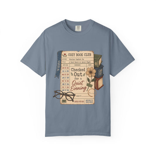 Checked Out for a Quiet Evening reading T-shirt with vintage library card, books and glasses on Blue Jean.