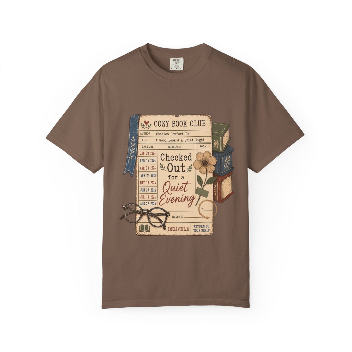 Checked Out for a Quiet Evening reading T-shirt with vintage library card, books and glasses on Espresso.