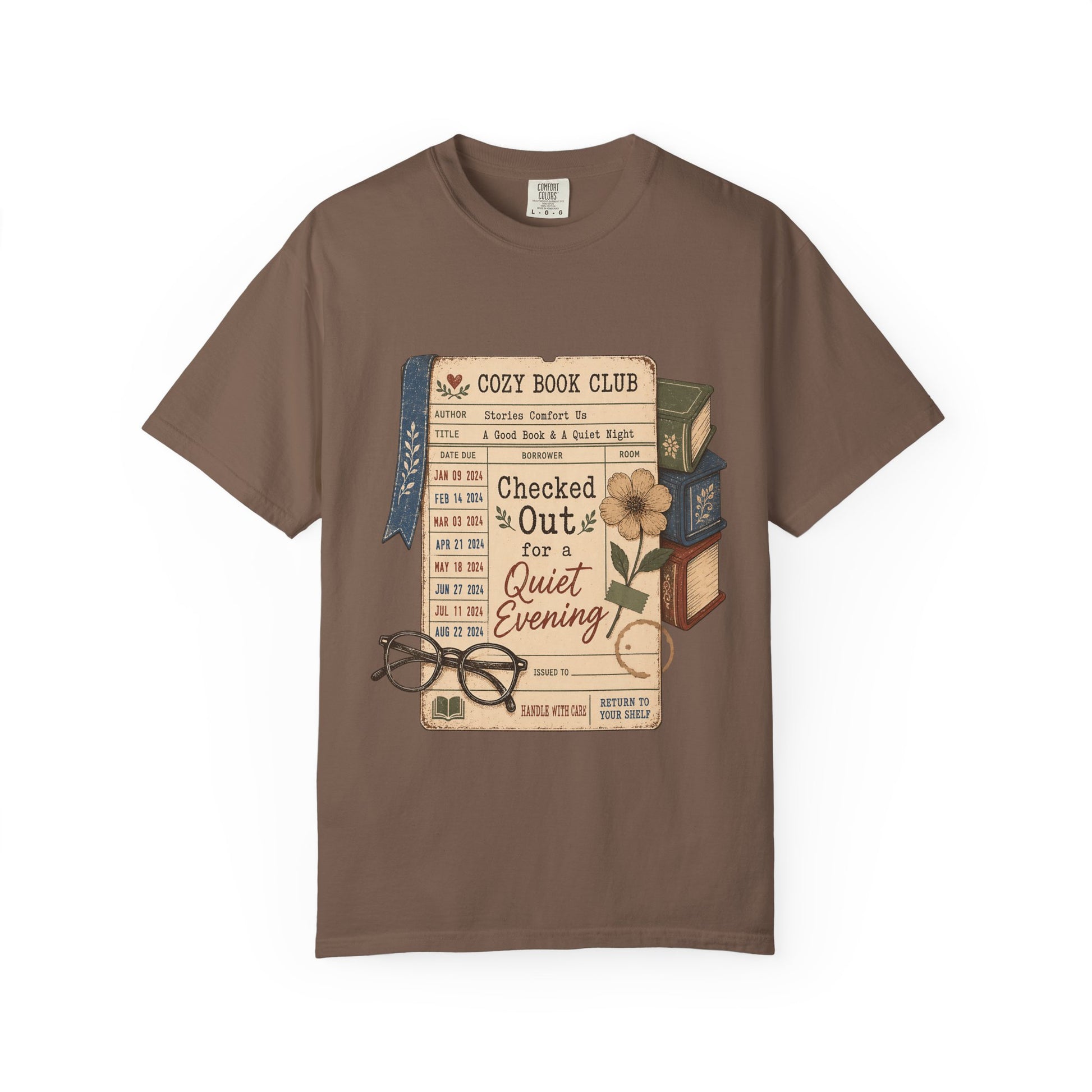 Checked Out for a Quiet Evening reading T-shirt with vintage library card, books and glasses on Espresso.